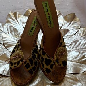 Penny Loves Kenny Leopard Print Peep-Toe Wedge Mules - green, Brown